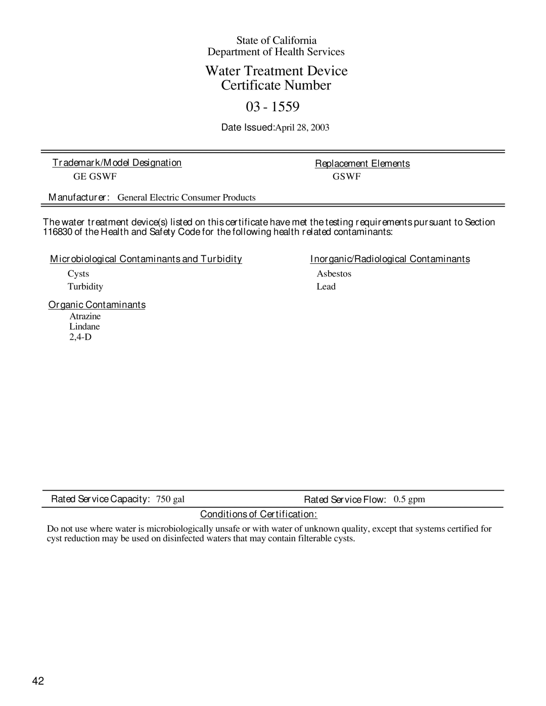 GE 200D9366P004 operating instructions Water Treatment Device 