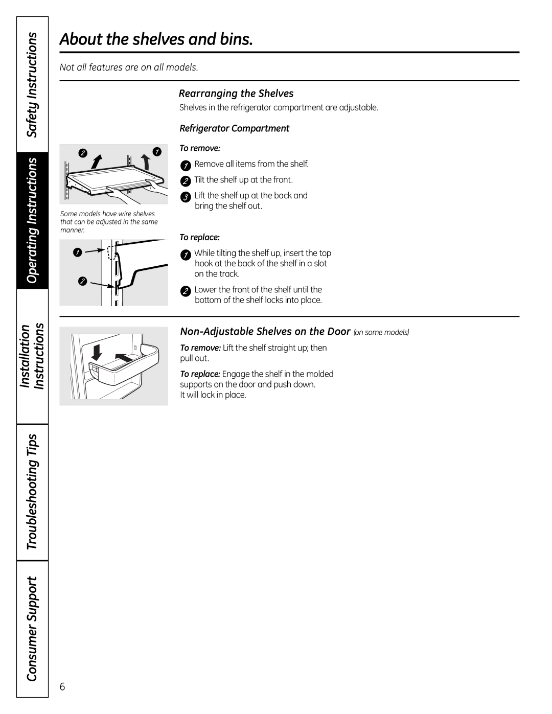 GE 200D9366P004 About the shelves and bins, Rearranging the Shelves, Non-Adjustable Shelves on the Door on some models 