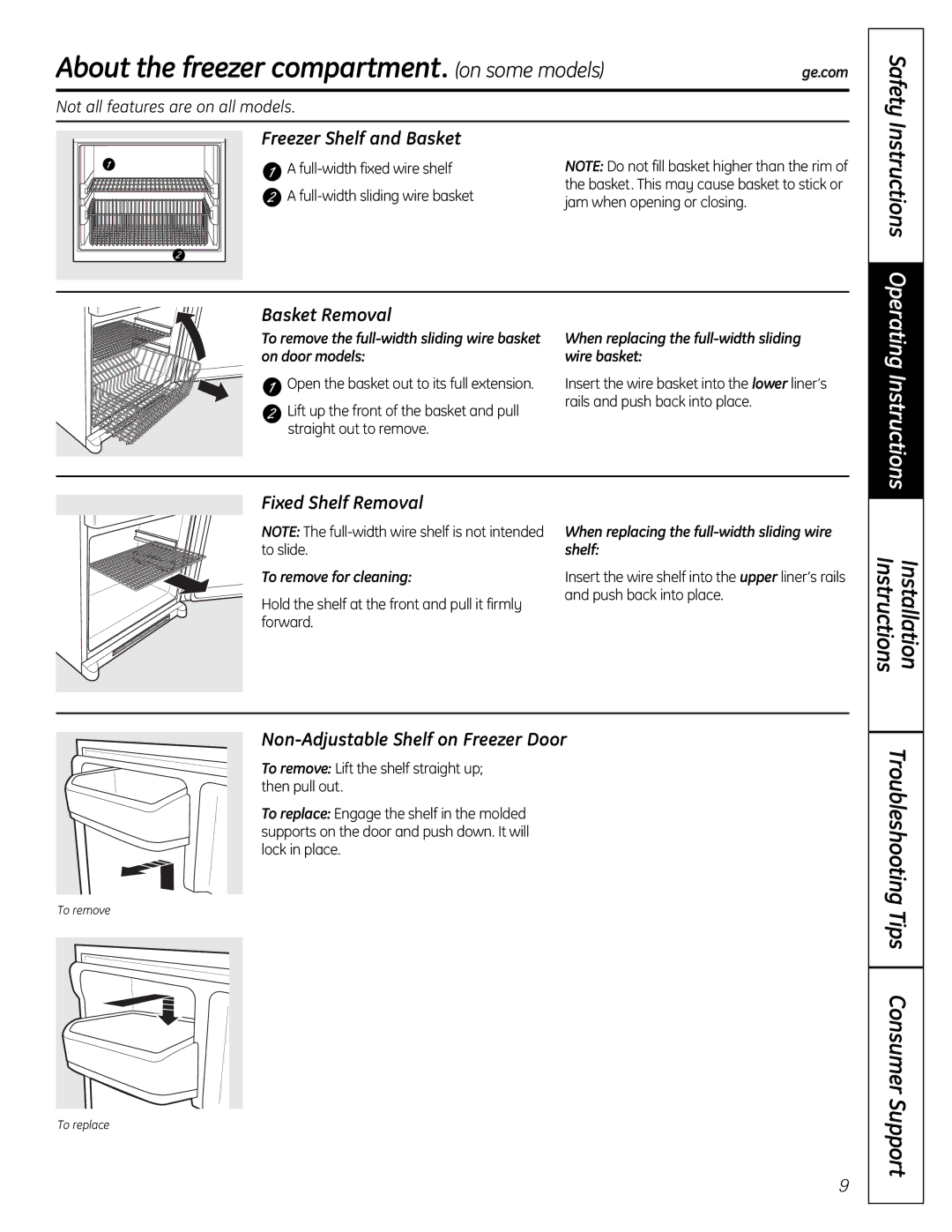 GE 200D9366P004 About the freezer compartment. on some models, Freezer Shelf and Basket, Fixed Shelf Removal 