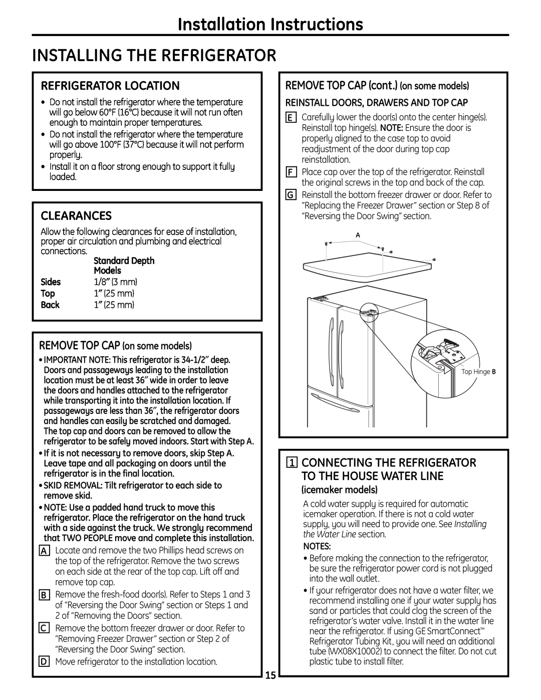 GE 200D9366P004 Installation Instructions INSTALLING THE REFRIGERATOR, Refrigerator Location, Clearances, icemaker models 