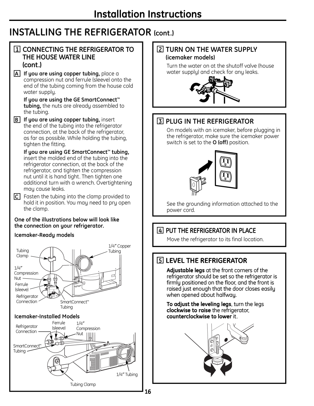 GE 200D9366P004 Installation Instructions INSTALLING THE REFRIGERATOR cont, Turn On The Water Supply, icemaker models 