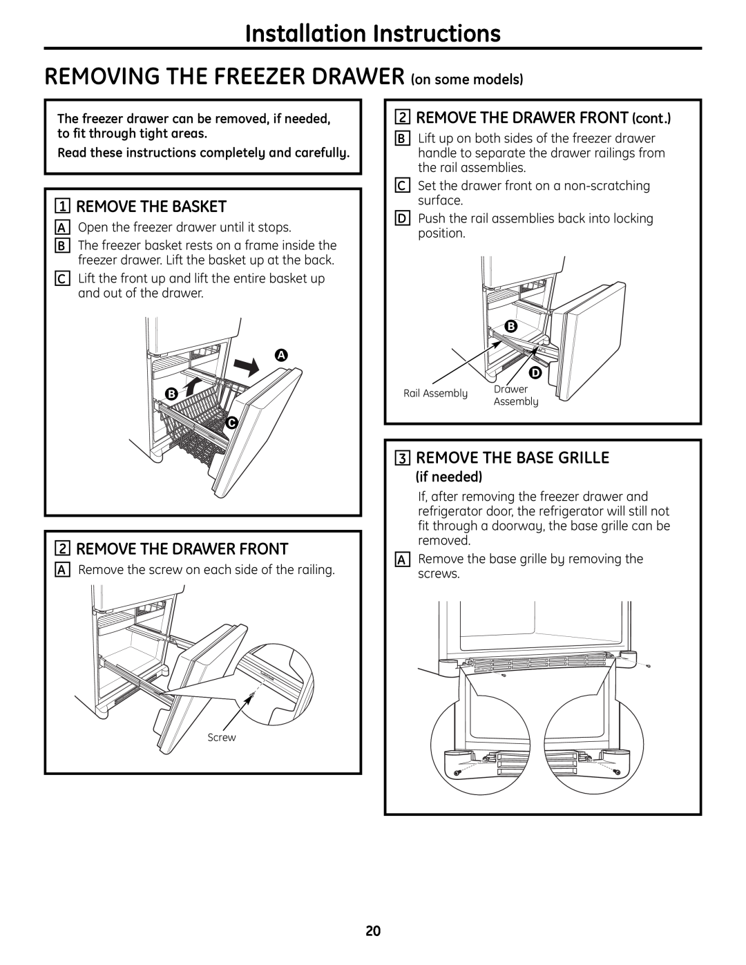 GE 200D9366P004 Installation Instructions REMOVING THE FREEZER DRAWER on some models, Removethebasket, if needed 
