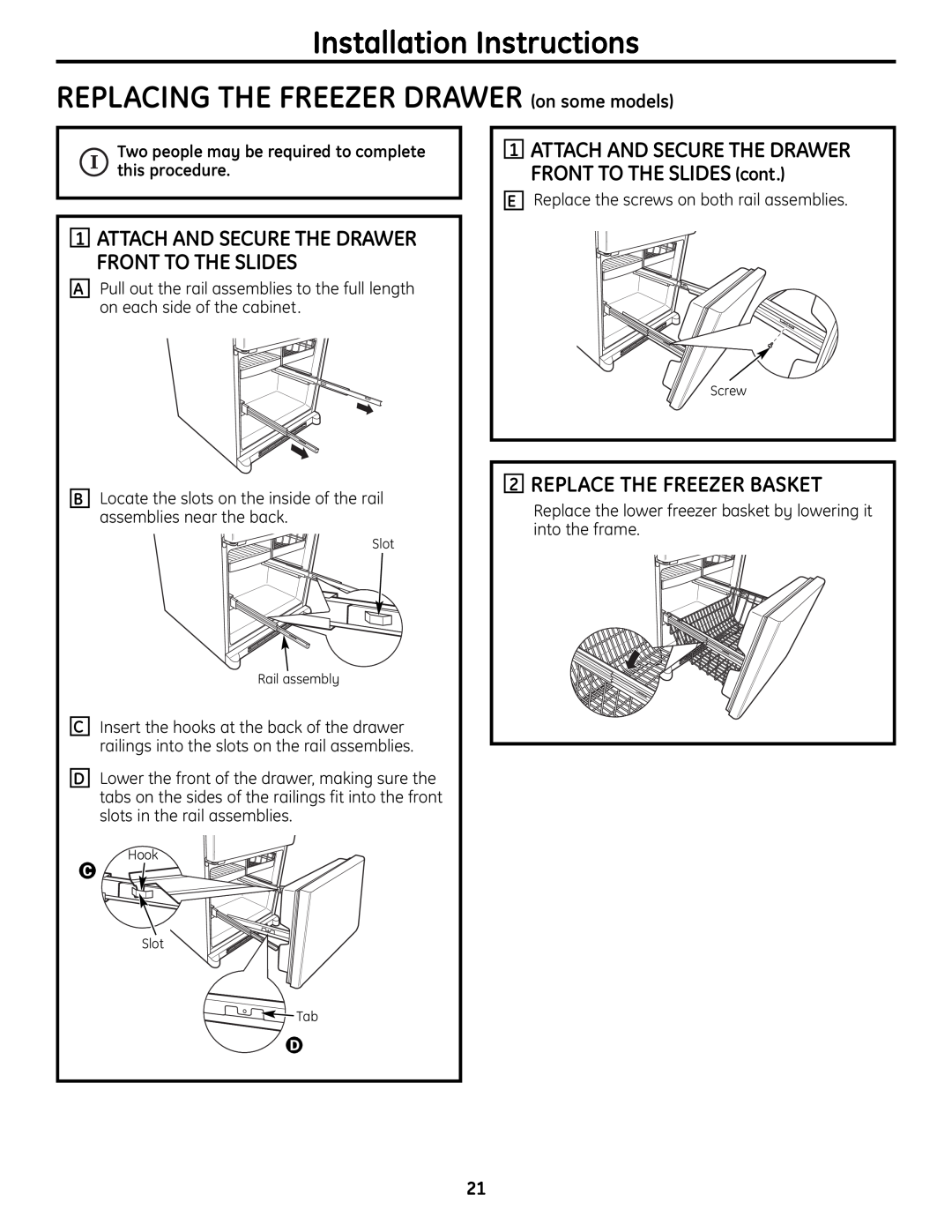 GE 200D9366P004 Installation Instructions REPLACING THE FREEZER DRAWER on some models, Replace The Freezer Basket 