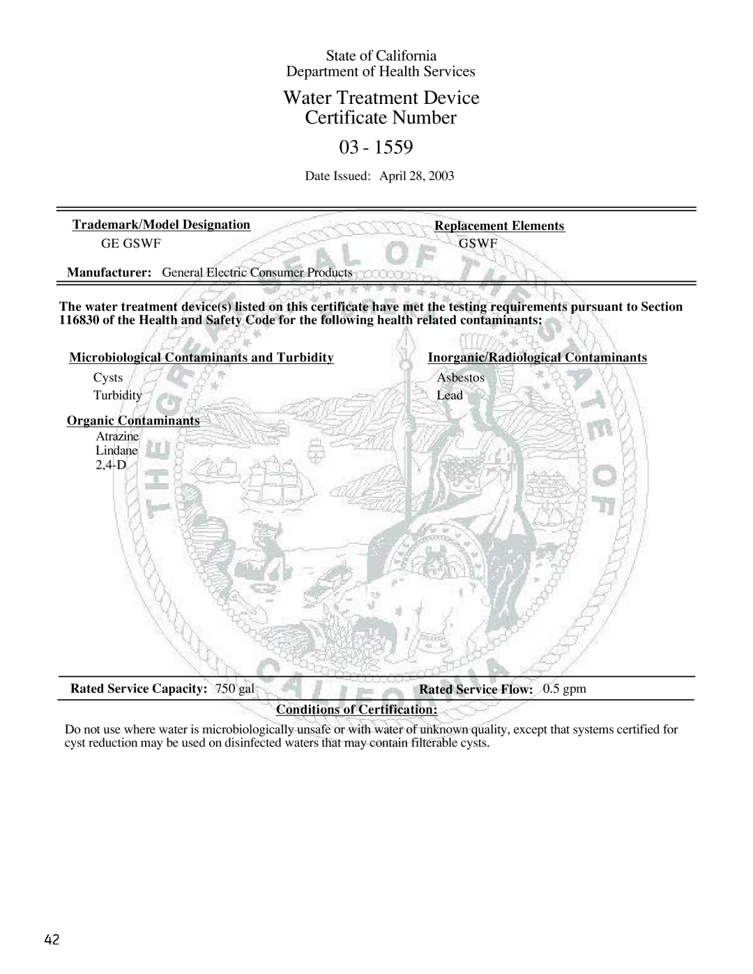 GE 200D9366P004 Water Treatment Device, Certificate Number, State of California, Department of Health Services 