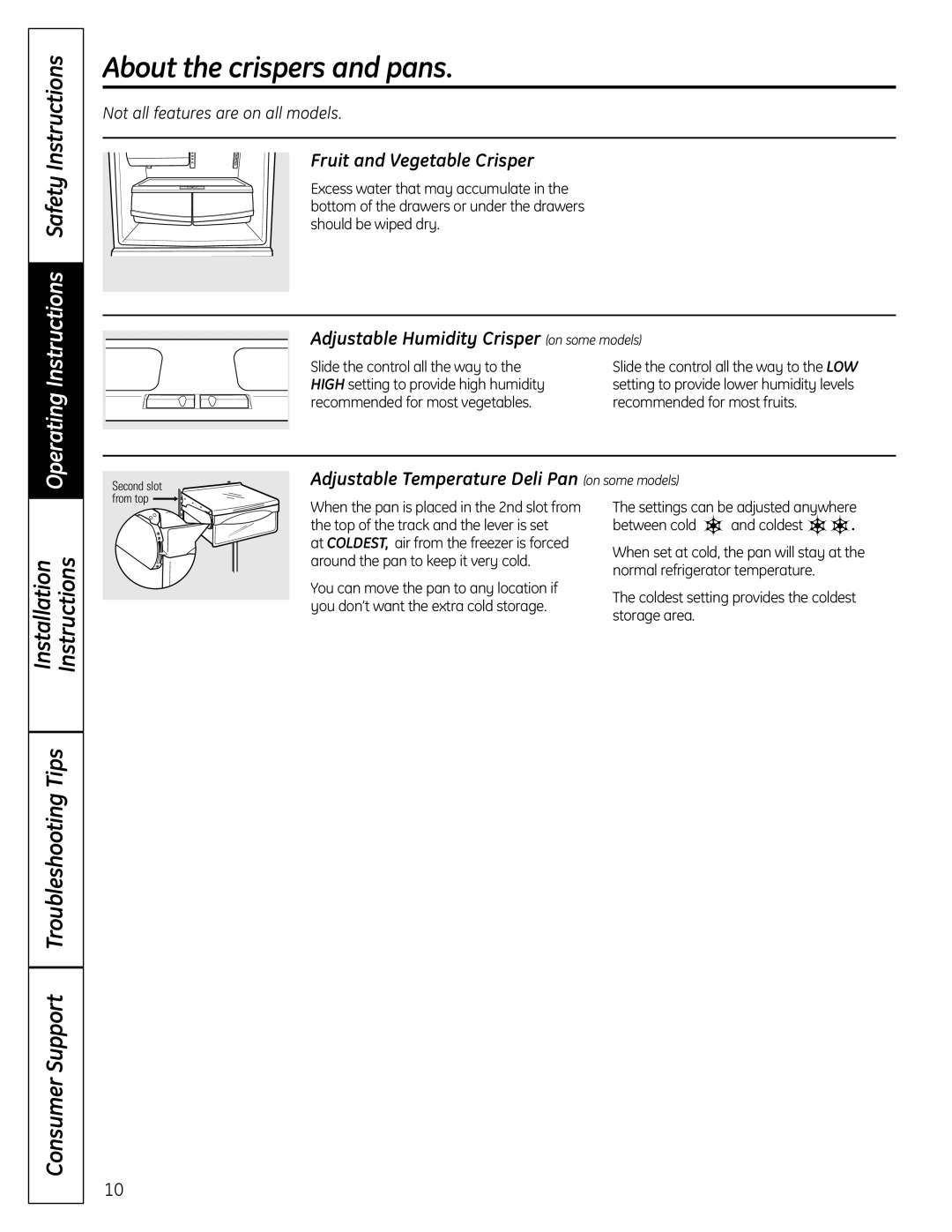 GE 200D9366P016 About the crispersand pans, Fruit and Vegetable Crisper, Adjustable Humidity Crisper on some models 