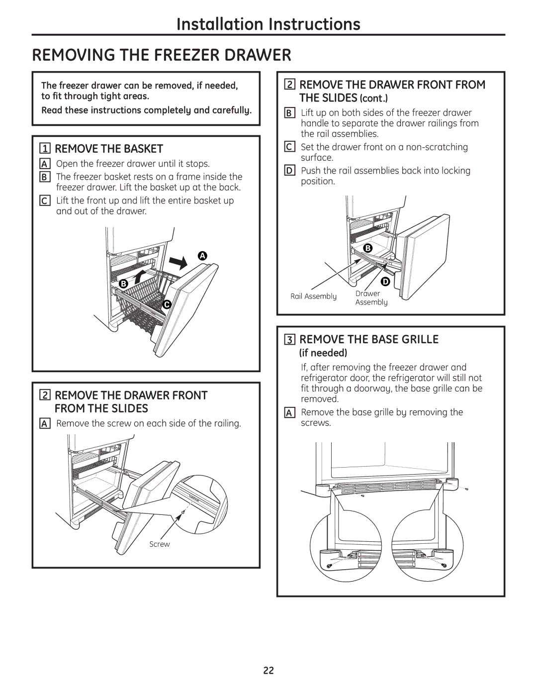 GE 200D9366P016 operating instructions Remove the Basket, Remove the Base Grille 