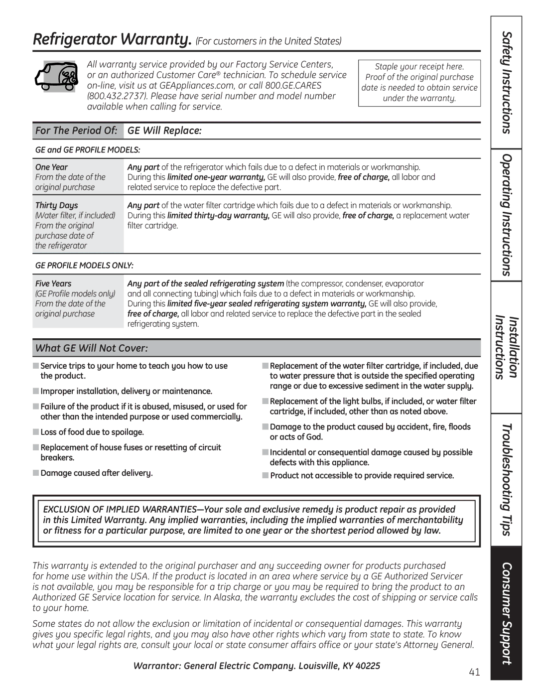 GE 200D9366P016 Safety Instructions Operating Instructions, For The Period GE Will Replace, What GE Will Not Cover 