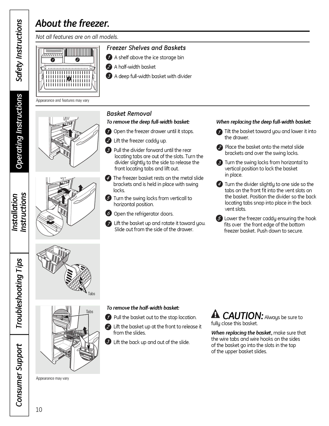 GE 200D9366P019 installation instructions About the freezer, Troubleshooting, Freezer Shelves and Baskets, Basket Removal 