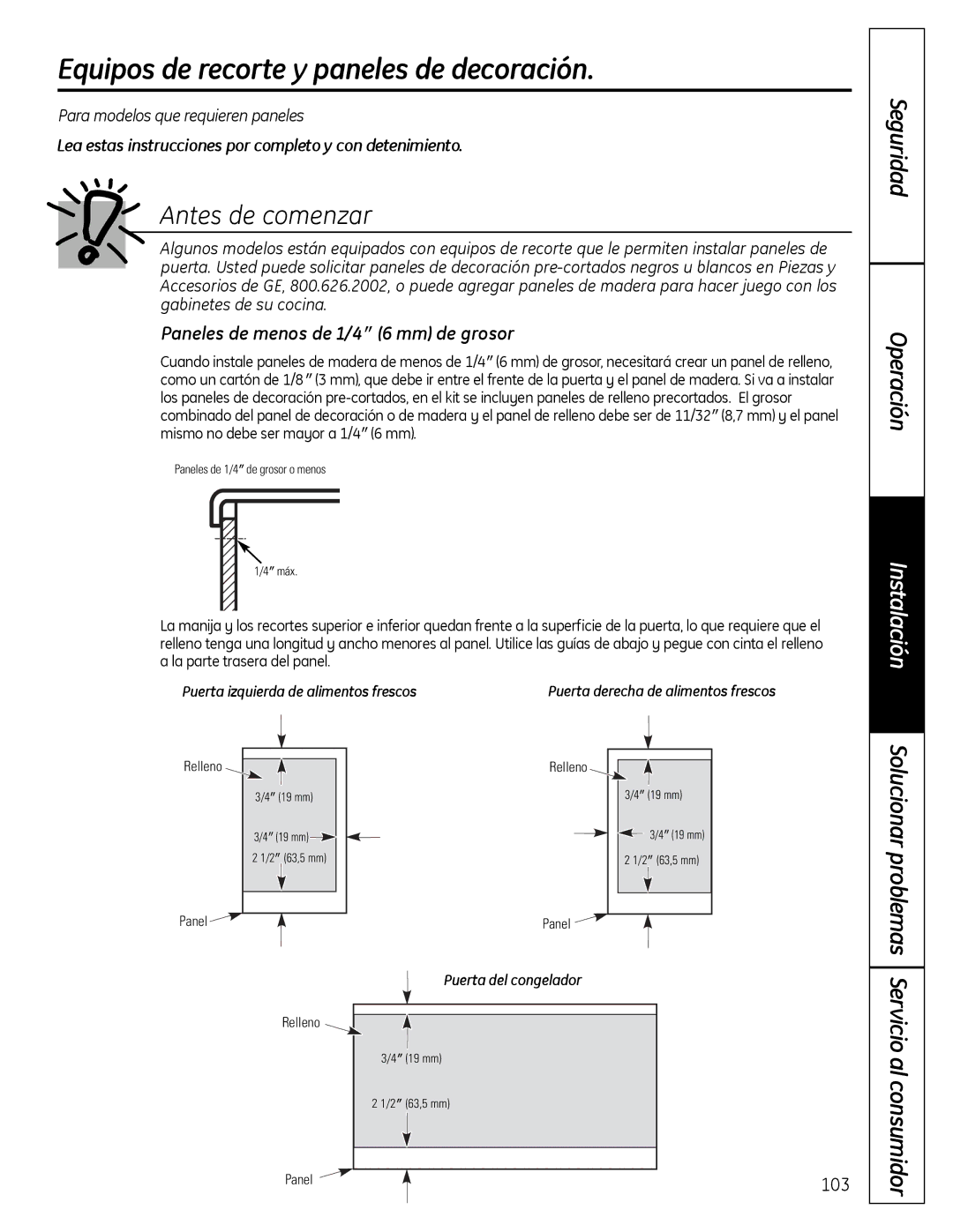 GE 200D9366P019 installation instructions Equipos de recorte y paneles de decoración, Seguridad Operación, Instalación 