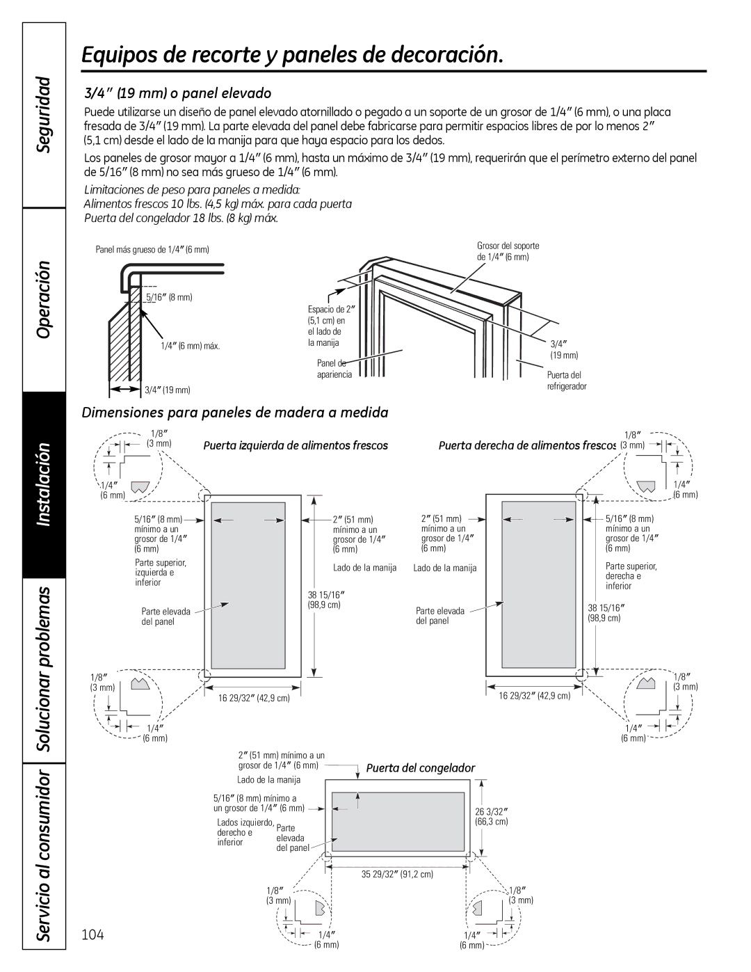 GE 200D9366P019 installation instructions Al consumidor Solucionar problemas, Servicio, ″ 19 mm o panel elevado, 104 