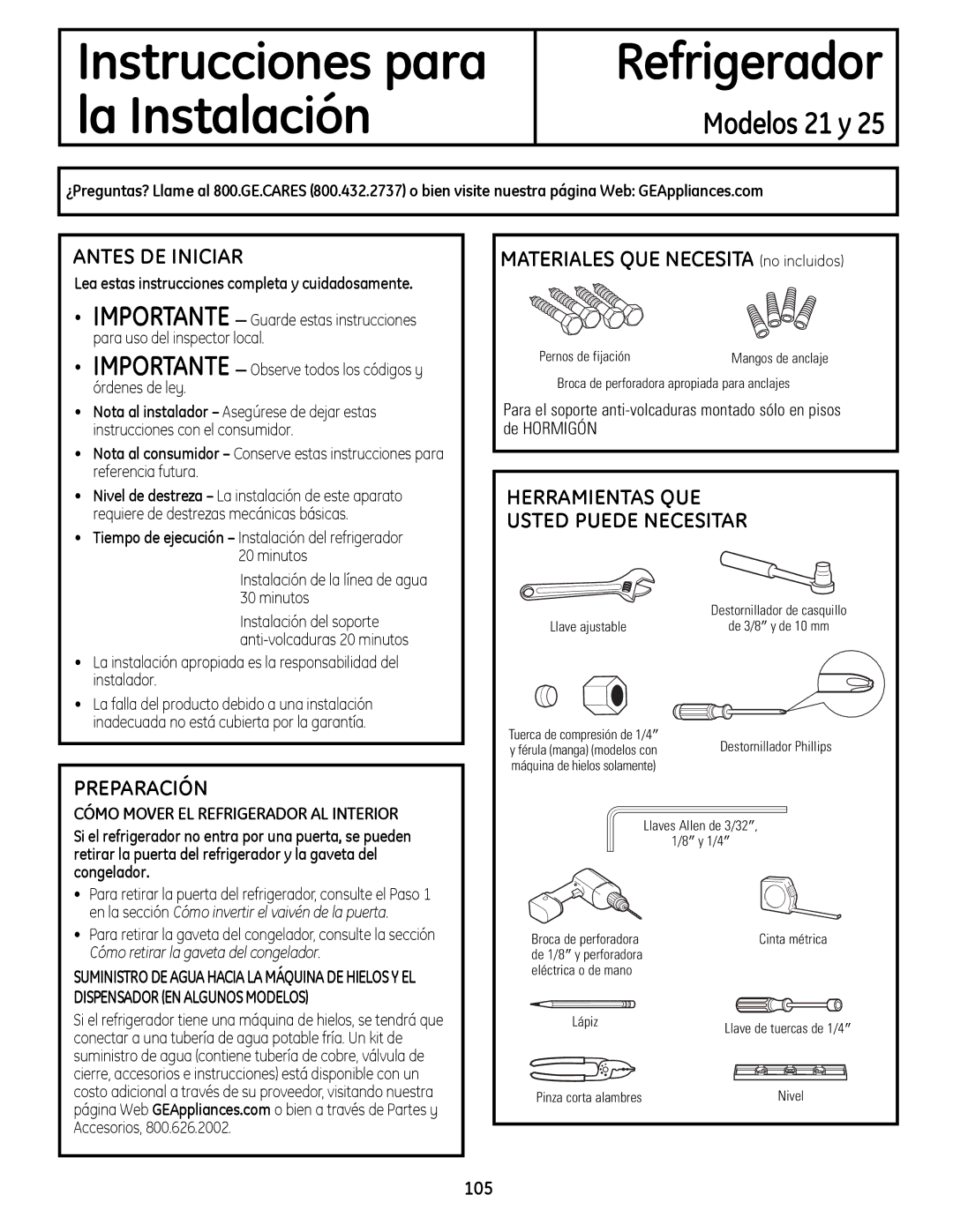 GE 200D9366P019 Antes DE Iniciar, Materiales QUE Necesita no incluidos, Herramientas QUE Usted Puede Necesitar, 105 