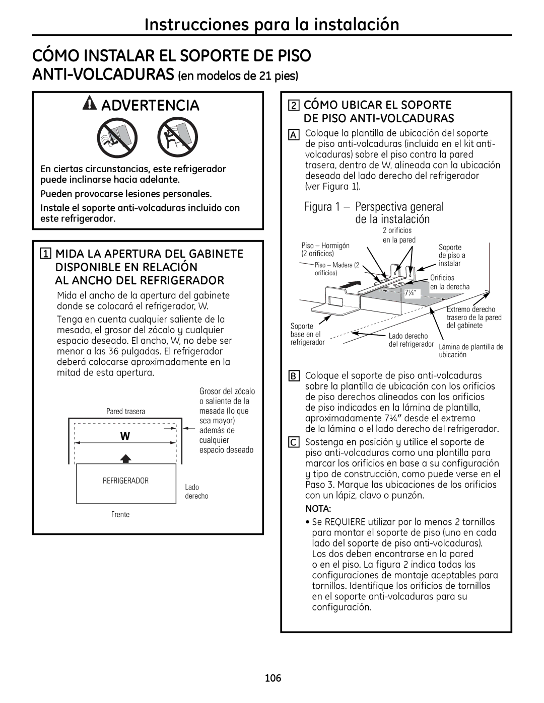 GE 200D9366P019 installation instructions AL Ancho DEL Refrigerador, 106, Nota 