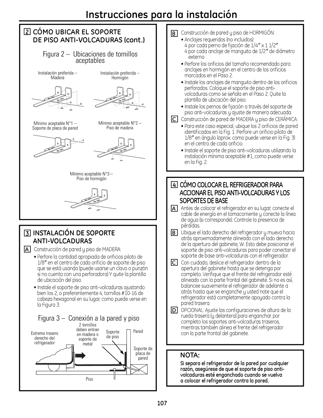 GE 200D9366P019 Cómo Ubicar EL Soporte, Soportes DE Base, Nota, 107, Instalación DE Soporte ANTI-VOLCADURAS 