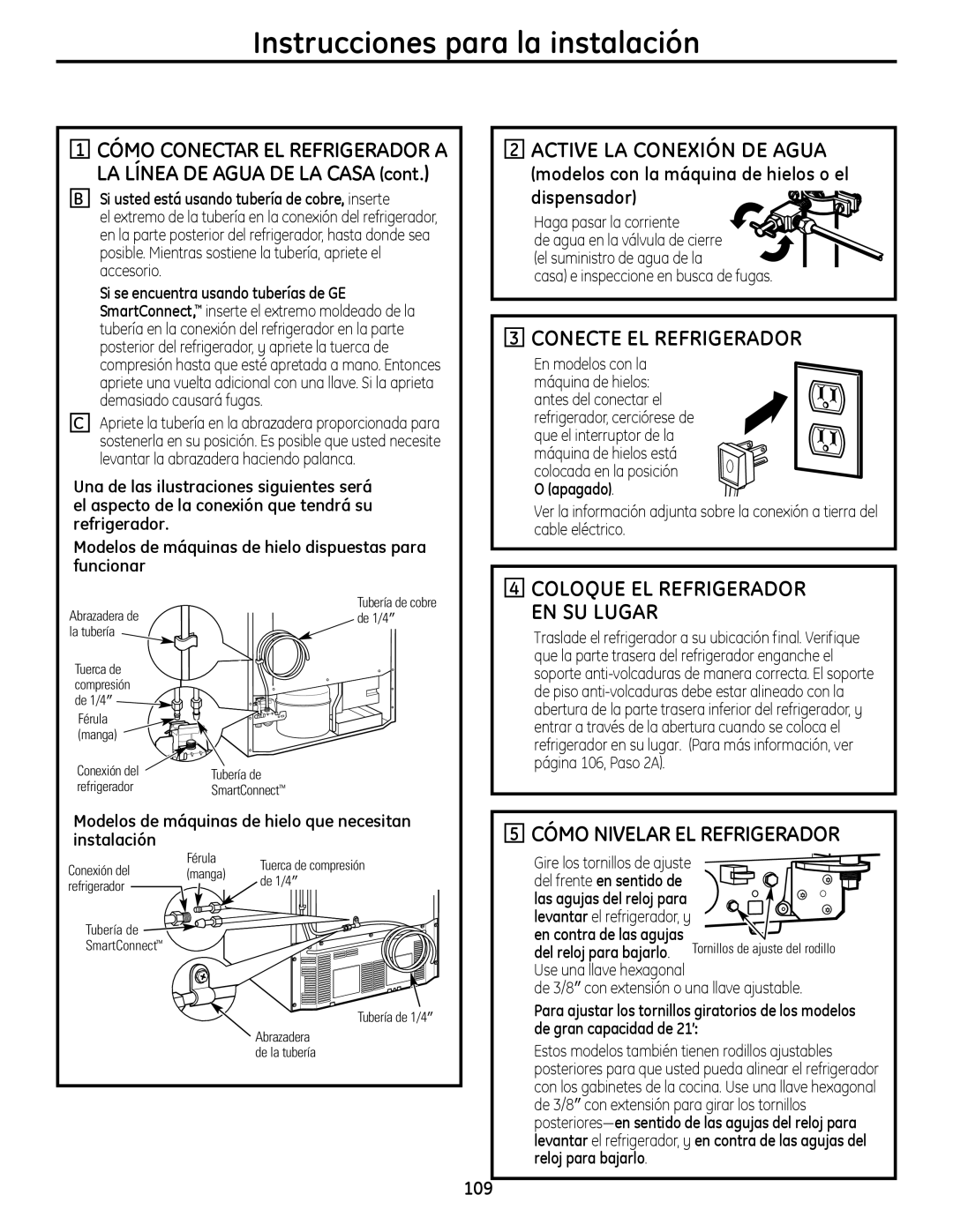 GE 200D9366P019 installation instructions Active LA Conexión DE Agua, Conecte EL Refrigerador, Cómo Nivelar EL Refrigerador 