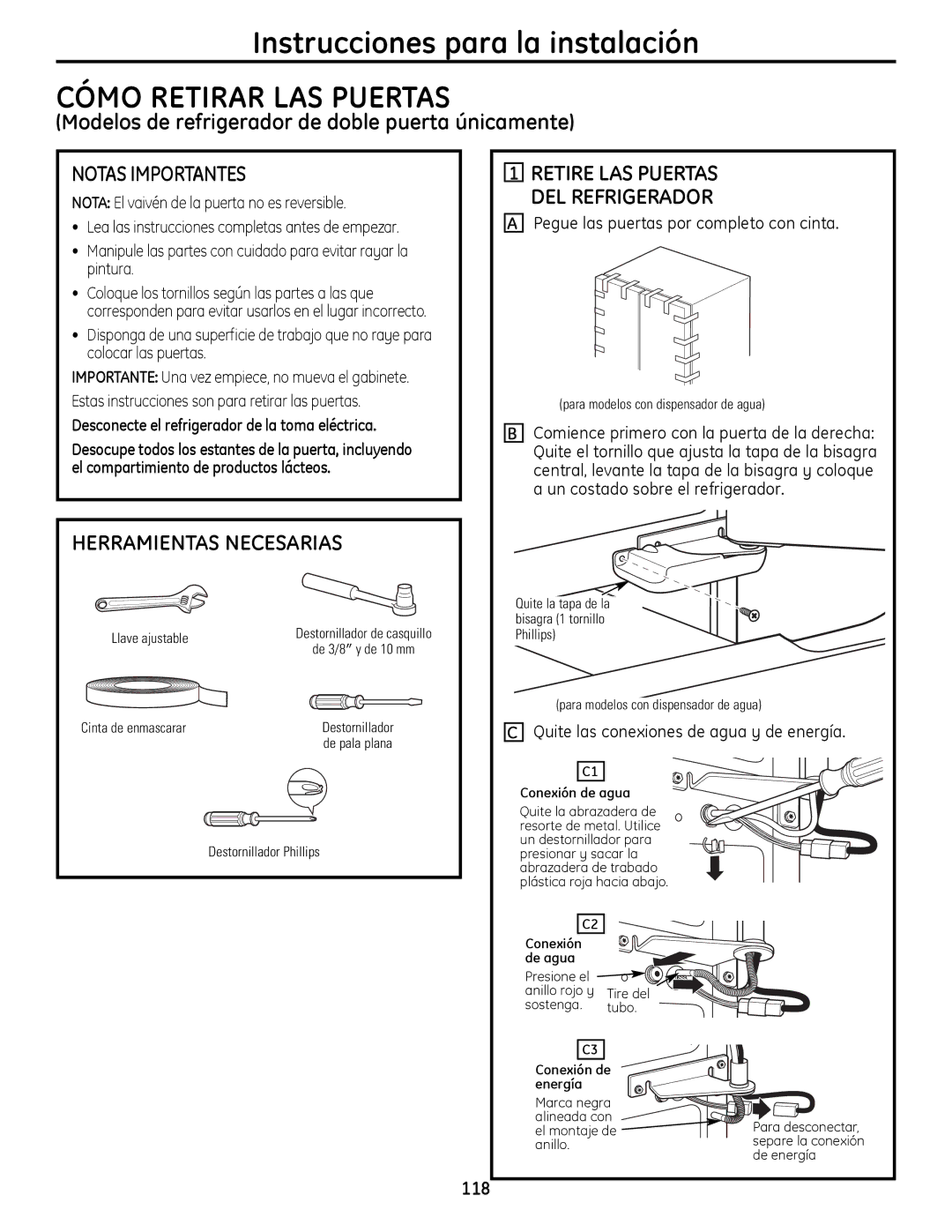 GE 200D9366P019 installation instructions Cómo Retirar LAS Puertas, Modelos de refrigerador de doble puerta únicamente, 118 