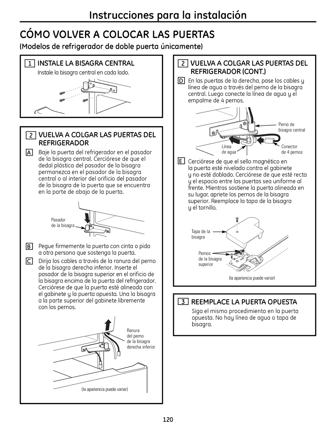 GE 200D9366P019 installation instructions Cómo Volver a Colocar LAS Puertas, Reemplace LA Puerta Opuesta, 120 