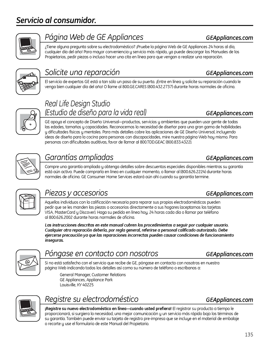 GE 200D9366P019 installation instructions Servicio al consumidor, Página Web de GE Appliances 