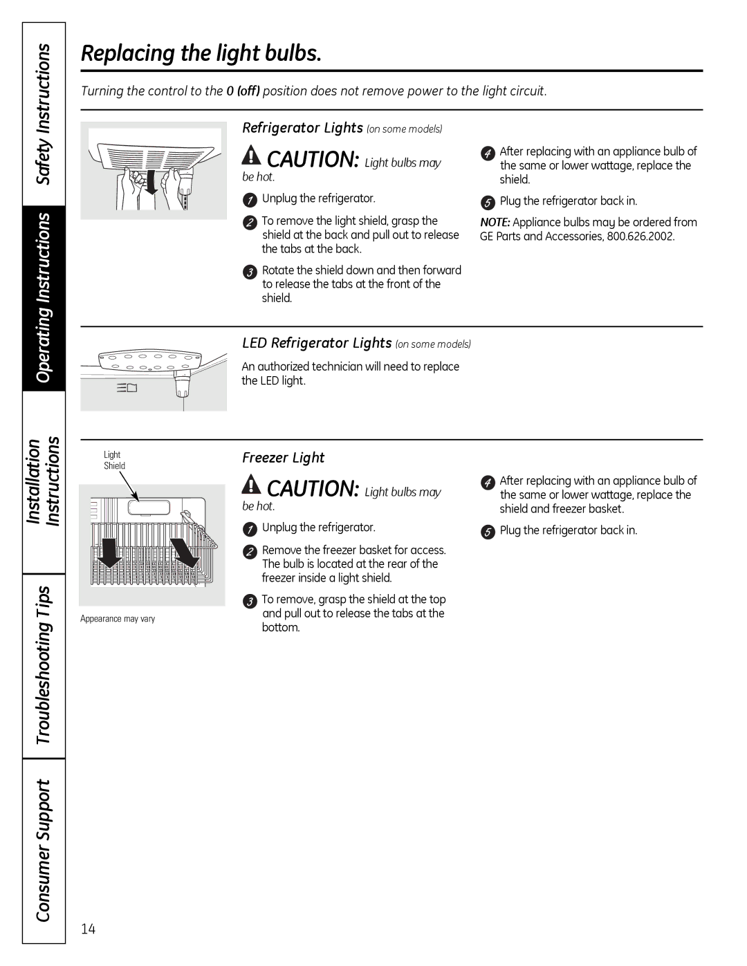 GE 200D9366P019 installation instructions Replacing the light bulbs, Instructions Safety, Operating 