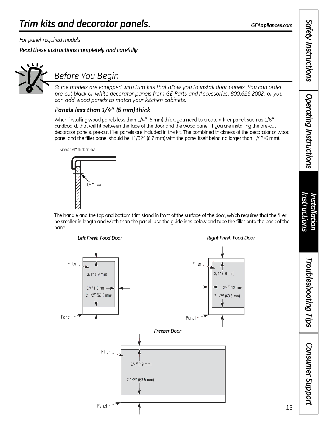 GE 200D9366P019 Trim kits and decorator panels, Safety Instructions Operating Instructions, Installation Instructions 