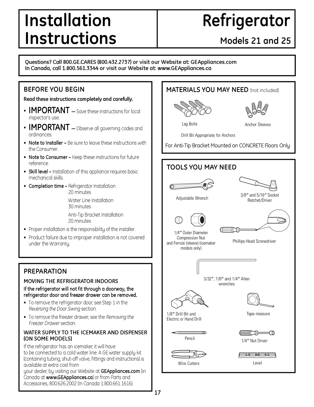 GE 200D9366P019 Before YOU Begin, Preparation, Materials YOU MAY Need not included, Tools YOU MAY Need 