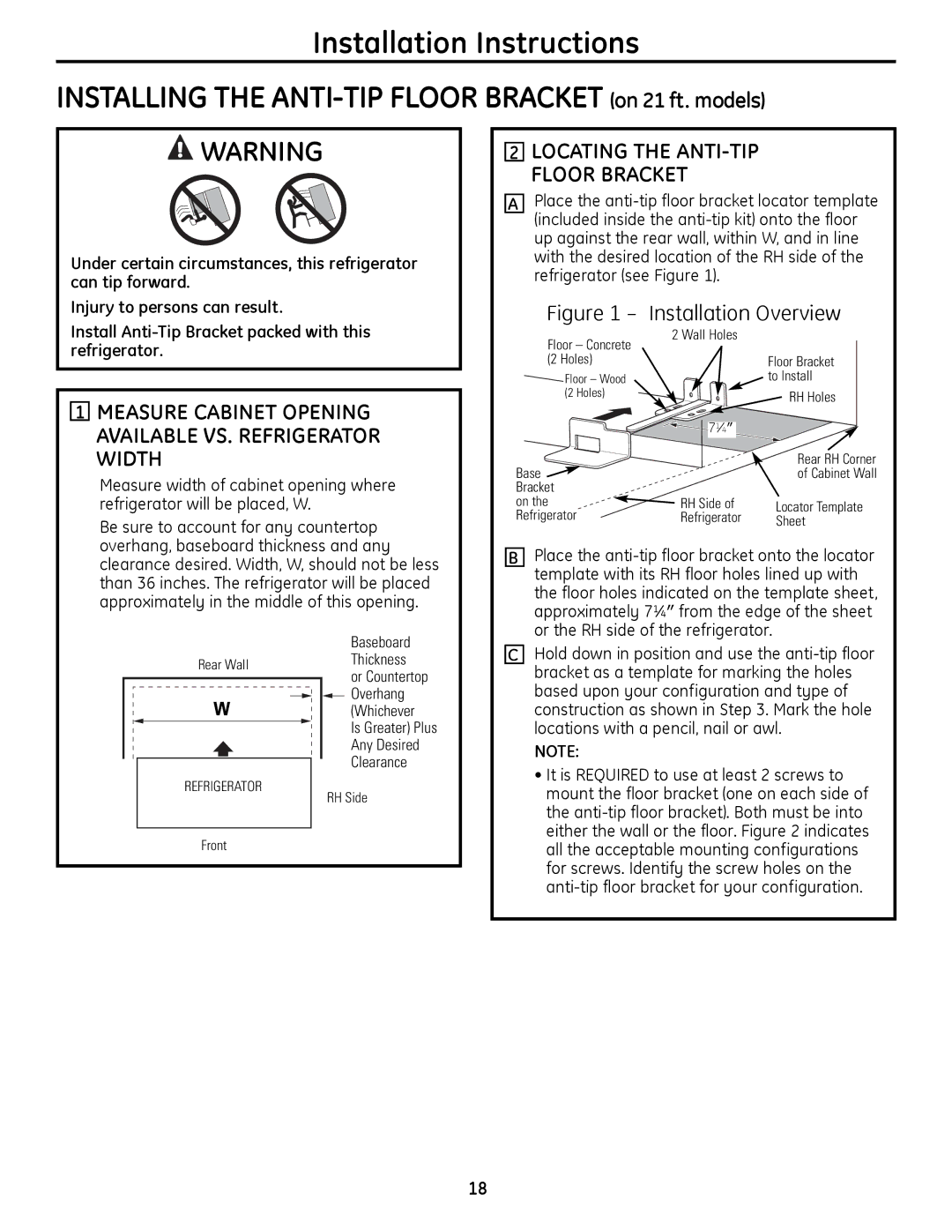 GE 200D9366P019 installation instructions Measure Cabinet Opening Available VS. Refrigerator Width 