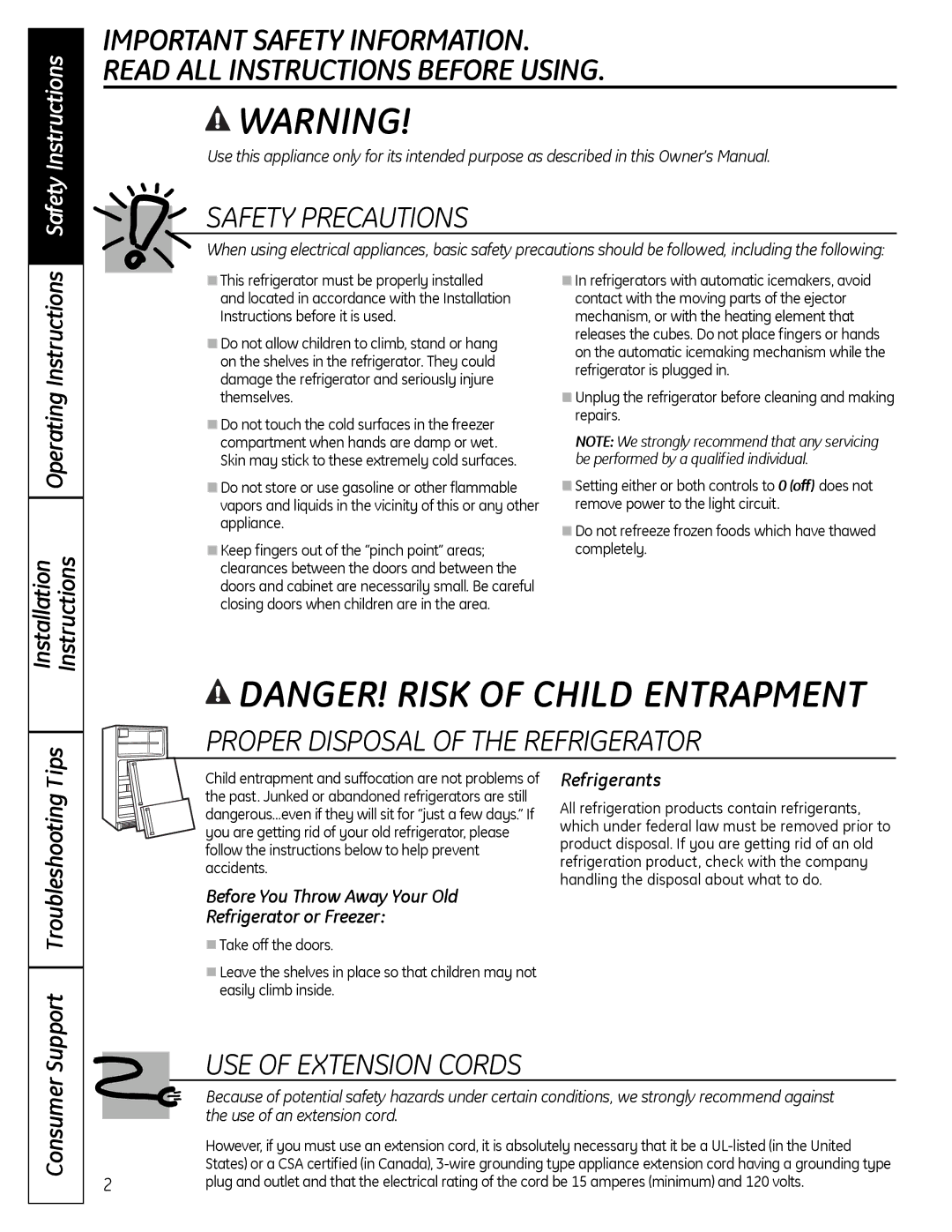 GE 200D9366P019 Safety Instructions, Operating Instructions Installation Instructions, Tips, Support Troubleshooting 