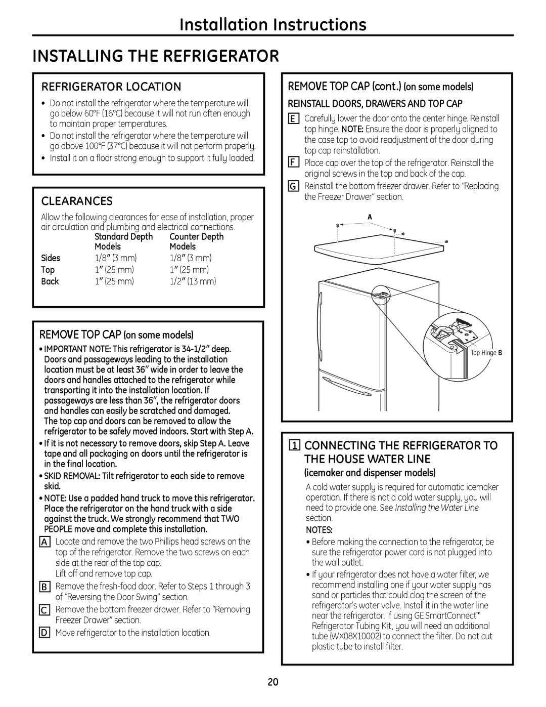 GE 200D9366P019 Installing the Refrigerator, Refrigerator Location, Clearances, Remove TOP CAP cont. on some models 