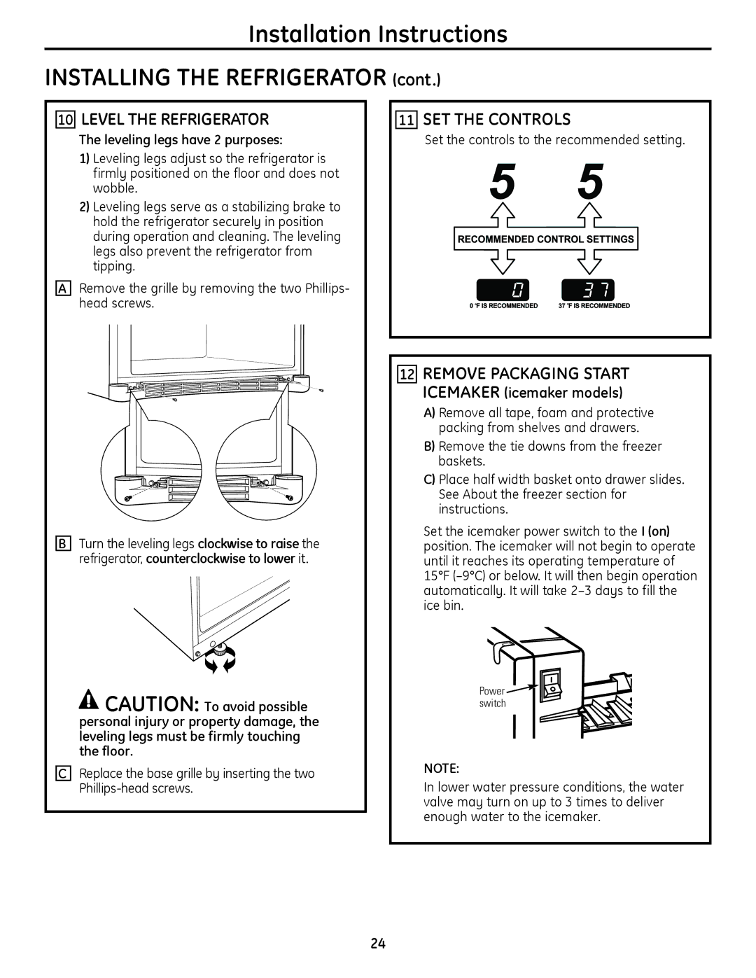 GE 200D9366P019 SET the Controls, Leveling legs have 2 purposes, Set the controls to the recommended setting 