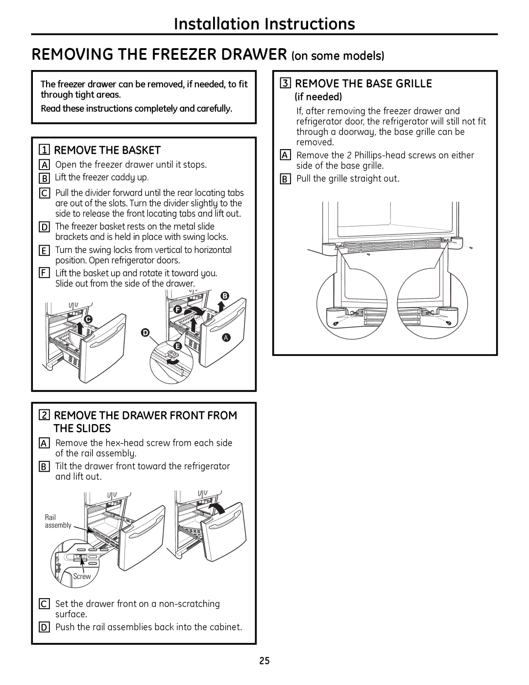 GE 200D9366P019 Remove the Basket, Remove the Base Grille, Remove the Drawer Front from the Slides, If needed 