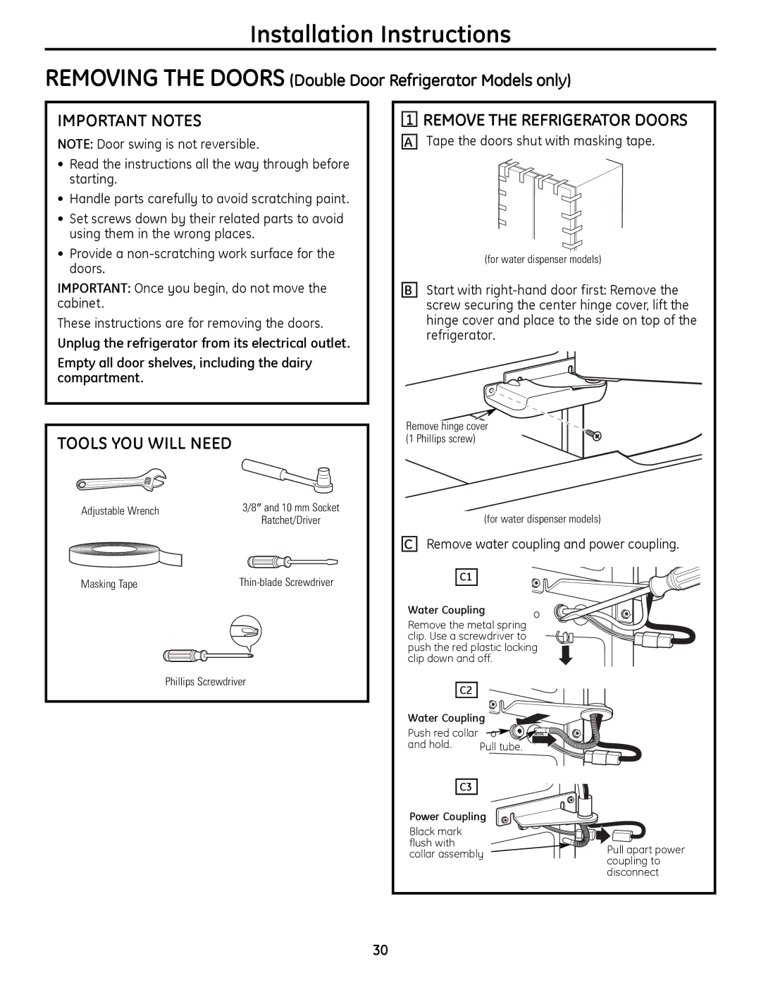 GE 200D9366P019 Removing the Doors Double Door Refrigerator Models only, Remove the Refrigerator Doors 