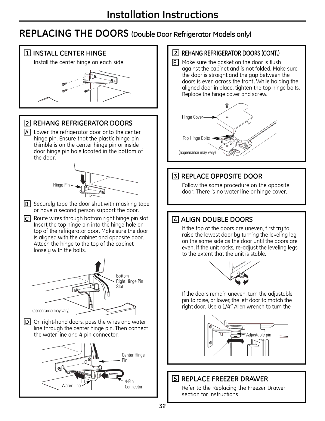 GE 200D9366P019 Replacing the Doors Double Door Refrigerator Models only, Replace Opposite Door, Align Double Doors 