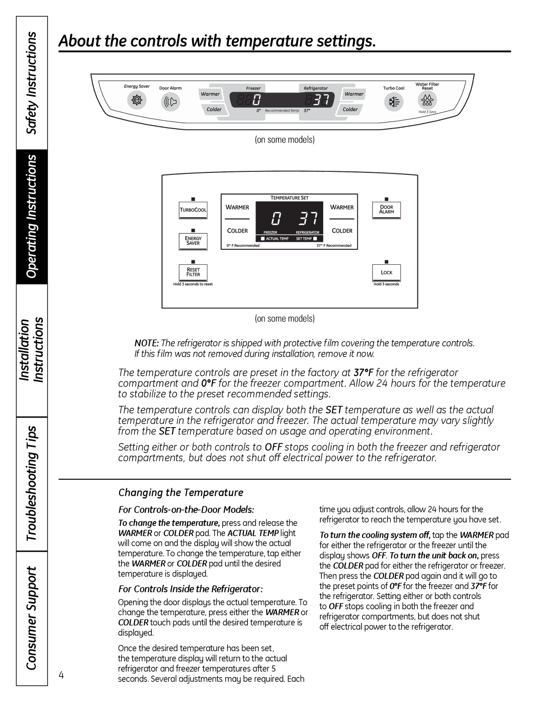 GE 200D9366P019 About the controls with temperature settings, Operating Instructions Safety Instructions 