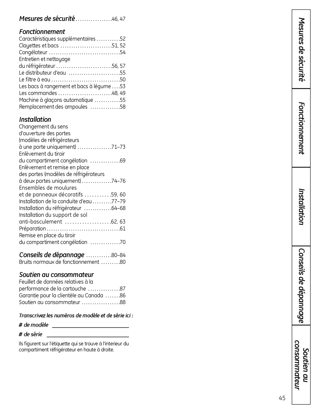 GE 200D9366P019 Mesures de sécurité . . . . . . . . . . . . . . . . .46, Des portes modèles de réfrigérateurs 