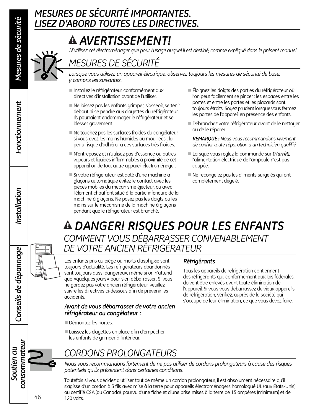 GE 200D9366P019 installation instructions Mesures de sécurité, Fonctionnement Installation, Réfrigérants 