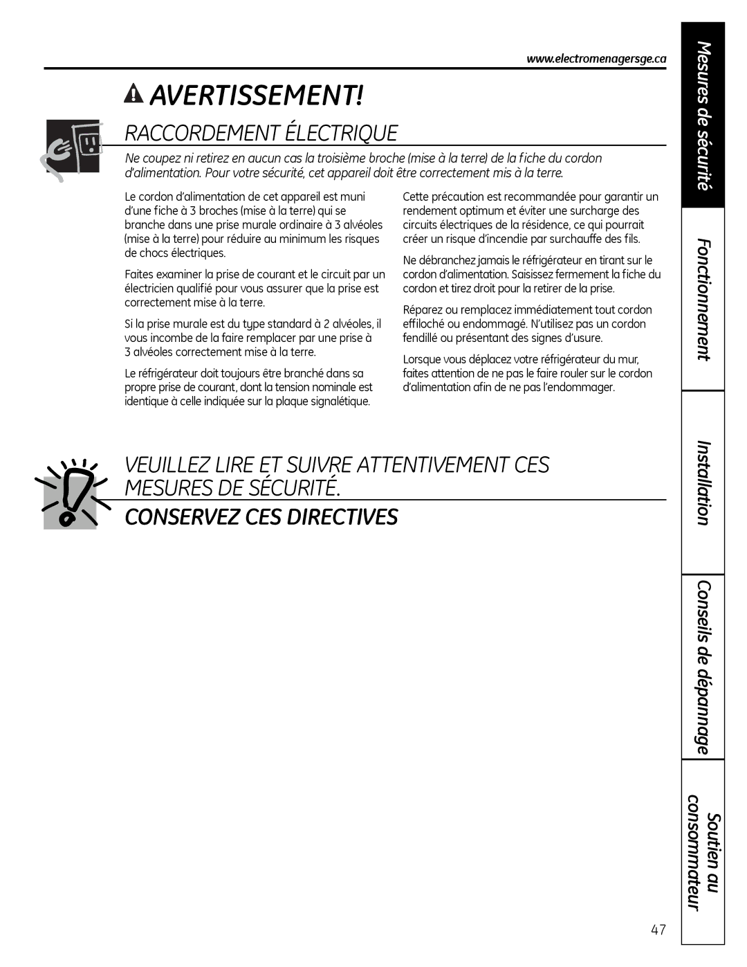 GE 200D9366P019 installation instructions Fonctionnement, Installation Conseils de dépannage Soutien au consommateur 