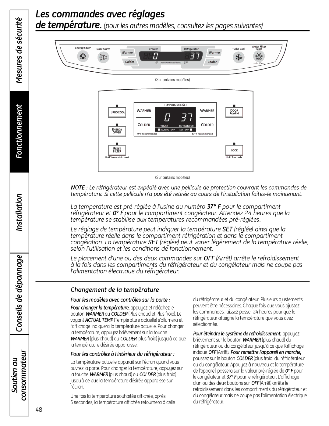 GE 200D9366P019 Les commandes avec réglages, Fonctionnement Mesures de sécurité Installation Dépannage 