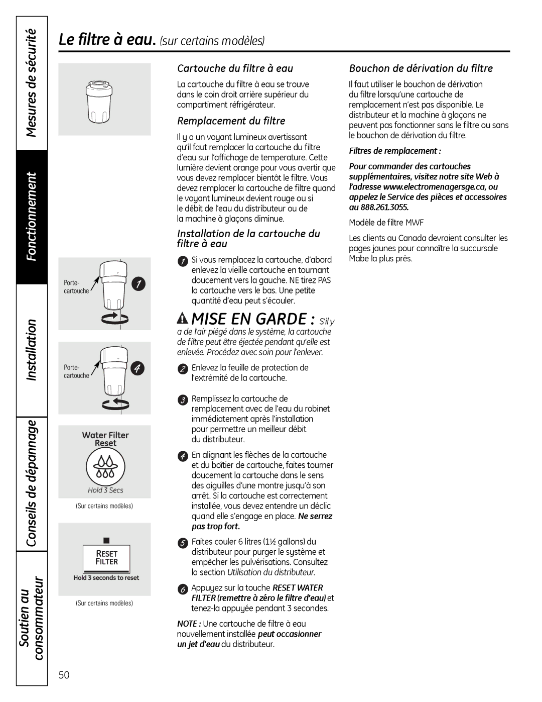 GE 200D9366P019 Sécurité, Fonctionnement Mesures de, Installation ConsommateurSoutien au Conseils de dépannage 