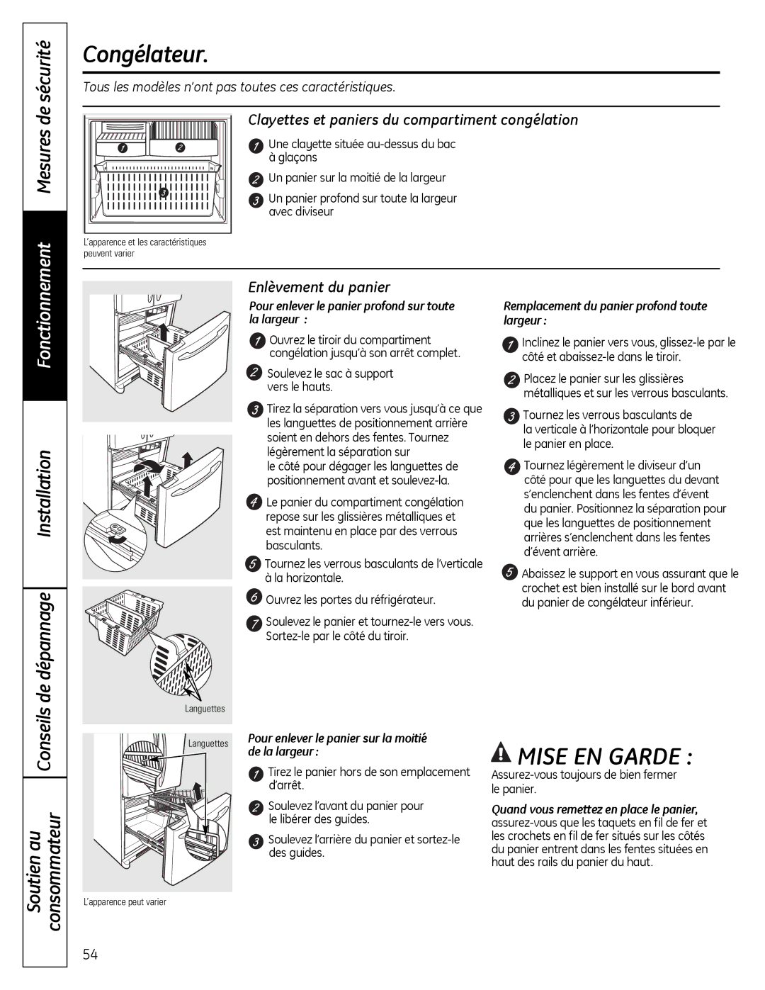 GE 200D9366P019 Congélateur, Mesures de sécurité, De dépannage, Clayettes et paniers du compartiment congélation 