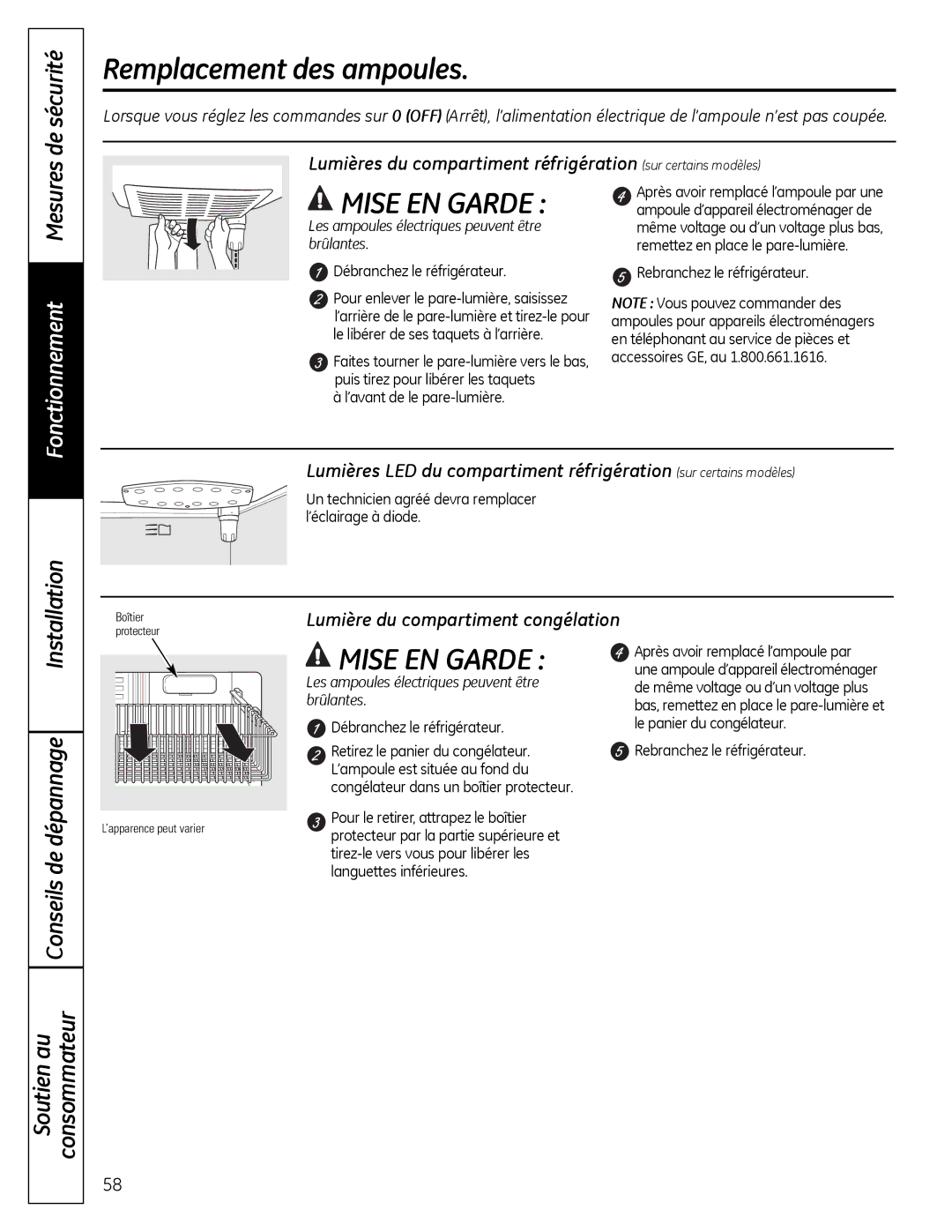 GE 200D9366P019 Remplacement des ampoules, De sécurité, Fonctionnement Mesures, Lumière du compartiment congélation 