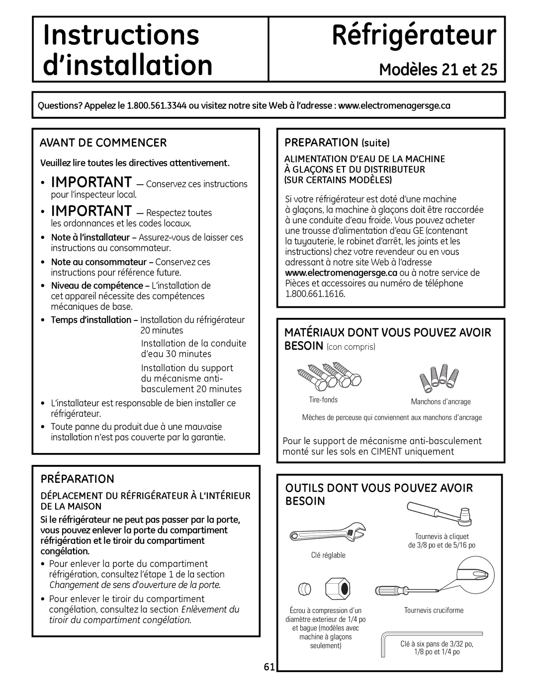 GE 200D9366P019 Avant DE Commencer, Preparation suite, MATéRIAUx Dont Vous Pouvez Avoir Besoin, PRéPARATION 