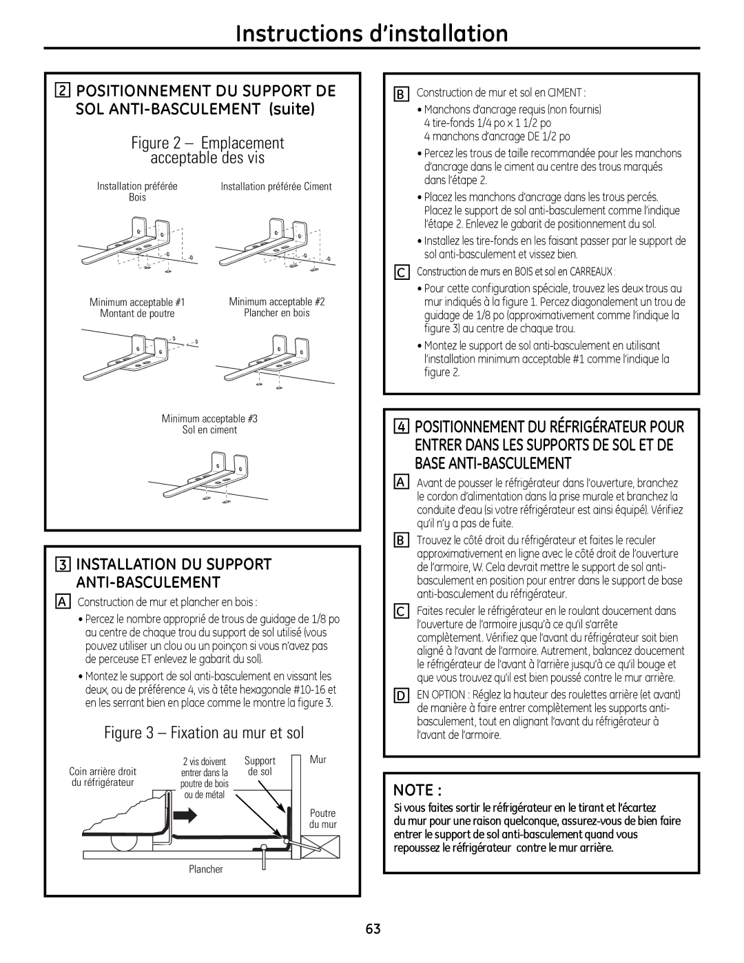 GE 200D9366P019 Acceptable des vis, Installation DU Support ANTI-BASCULEMENT, Construction de mur et plancher en bois 