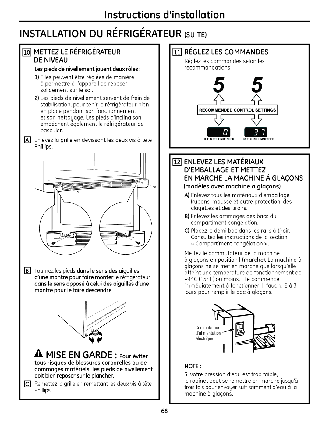 GE 200D9366P019 11 RéGLEZ LES Commandes, Enlevez LES MATéRIAUx, ’EMBALLAGE ET Mettez, EN Marche LA Machine À Glaçons 