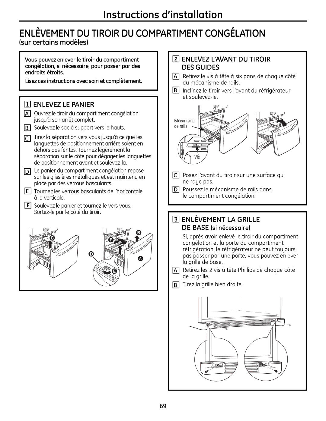 GE 200D9366P019 installation instructions Sur certains modèles, Enlevez LE Panier, Enlevez L’AVANT DU Tiroir DES Guides 