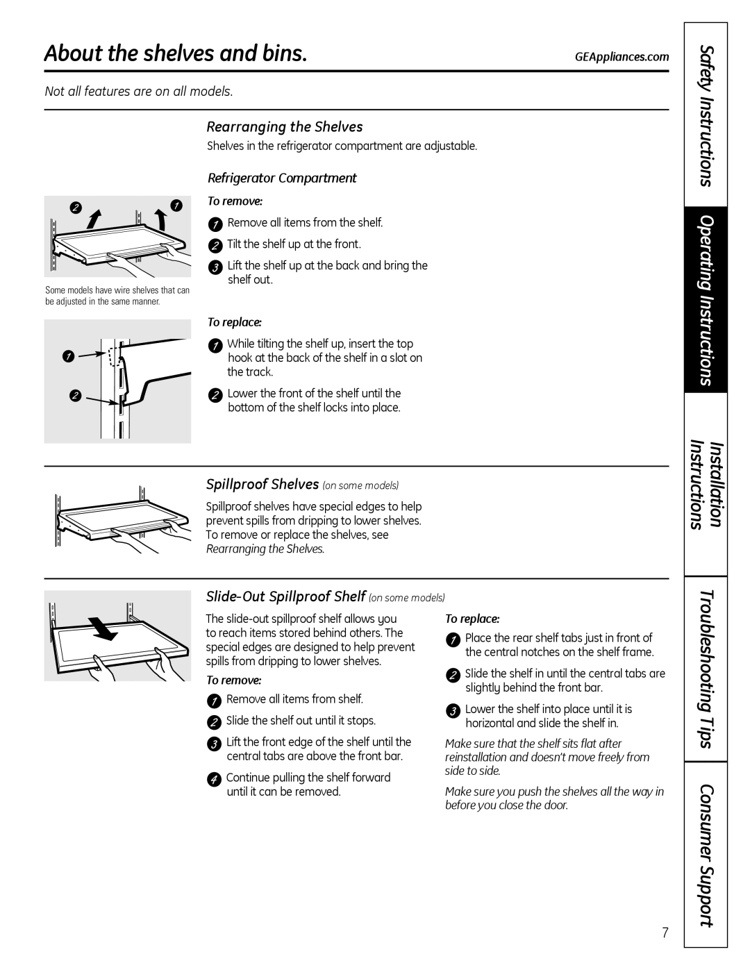 GE 200D9366P019 About the shelves and bins, Safety Instructions Operating Instructions, Consumer Support 