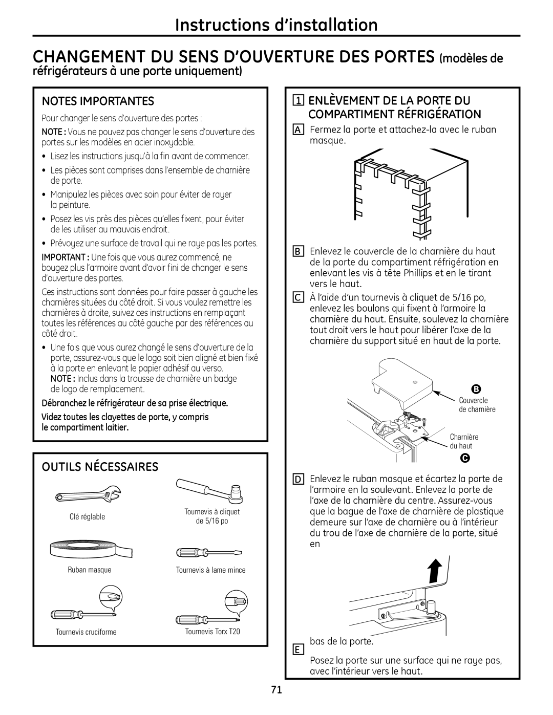 GE 200D9366P019 Réfrigérateurs à une porte uniquement, Outils NéCESSAIRES, Pour changer le sens d’ouverture des portes 