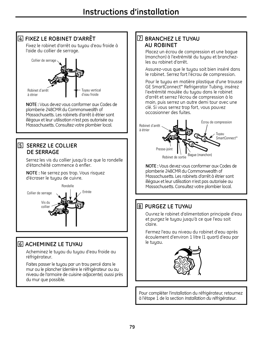 GE 200D9366P019 FIxEZ LE Robinet D’ARRÊT, Branchez LE Tuyau AU Robinet, Acheminez LE Tuyau, Purgez LE Tuyau 
