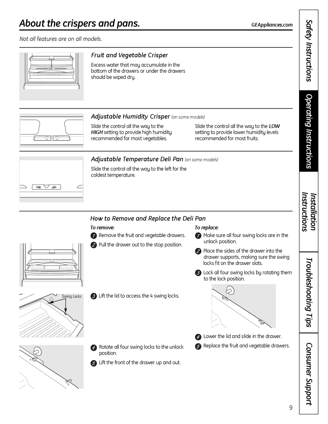 GE 200D9366P019 About the crispers and pans, Fruit and Vegetable Crisper, Adjustable Humidity Crisper on some models 