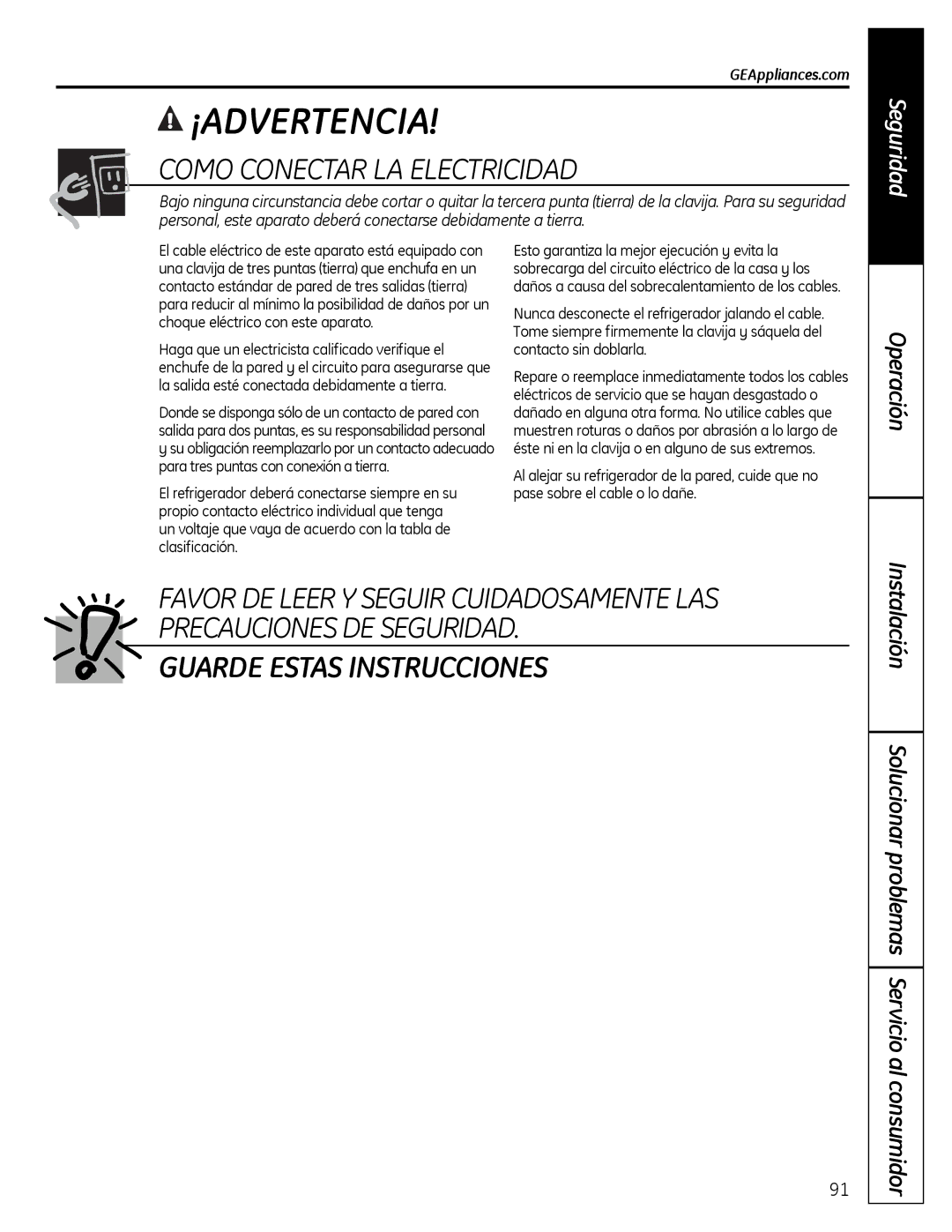 GE 200D9366P019 Como Conectar LA Electricidad, Instalación Solucionar problemas Servicio al consumidor 