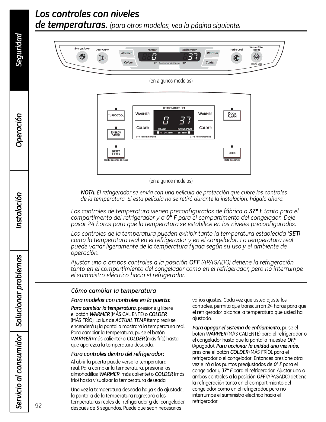 GE 200D9366P019 Los controles con niveles, Operación Instalación Problemas, Servicio al consumidor Solucionar 