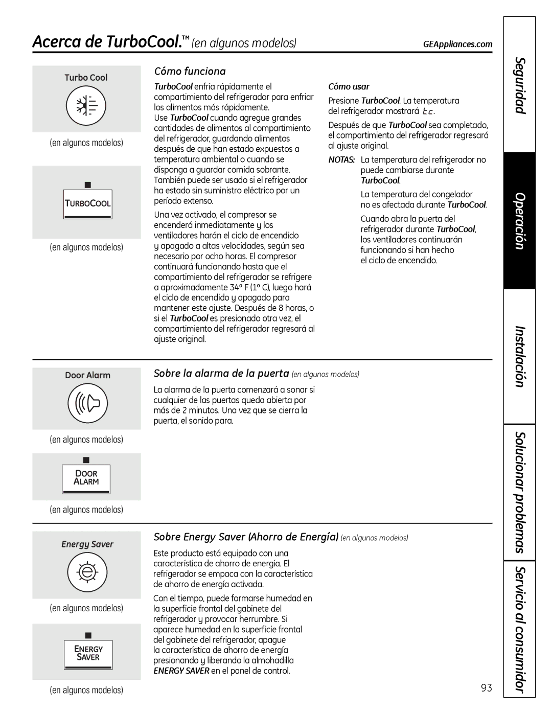 GE 200D9366P019 installation instructions Acerca de TurboCool. en algunos modelos, Seguridad, Operación 